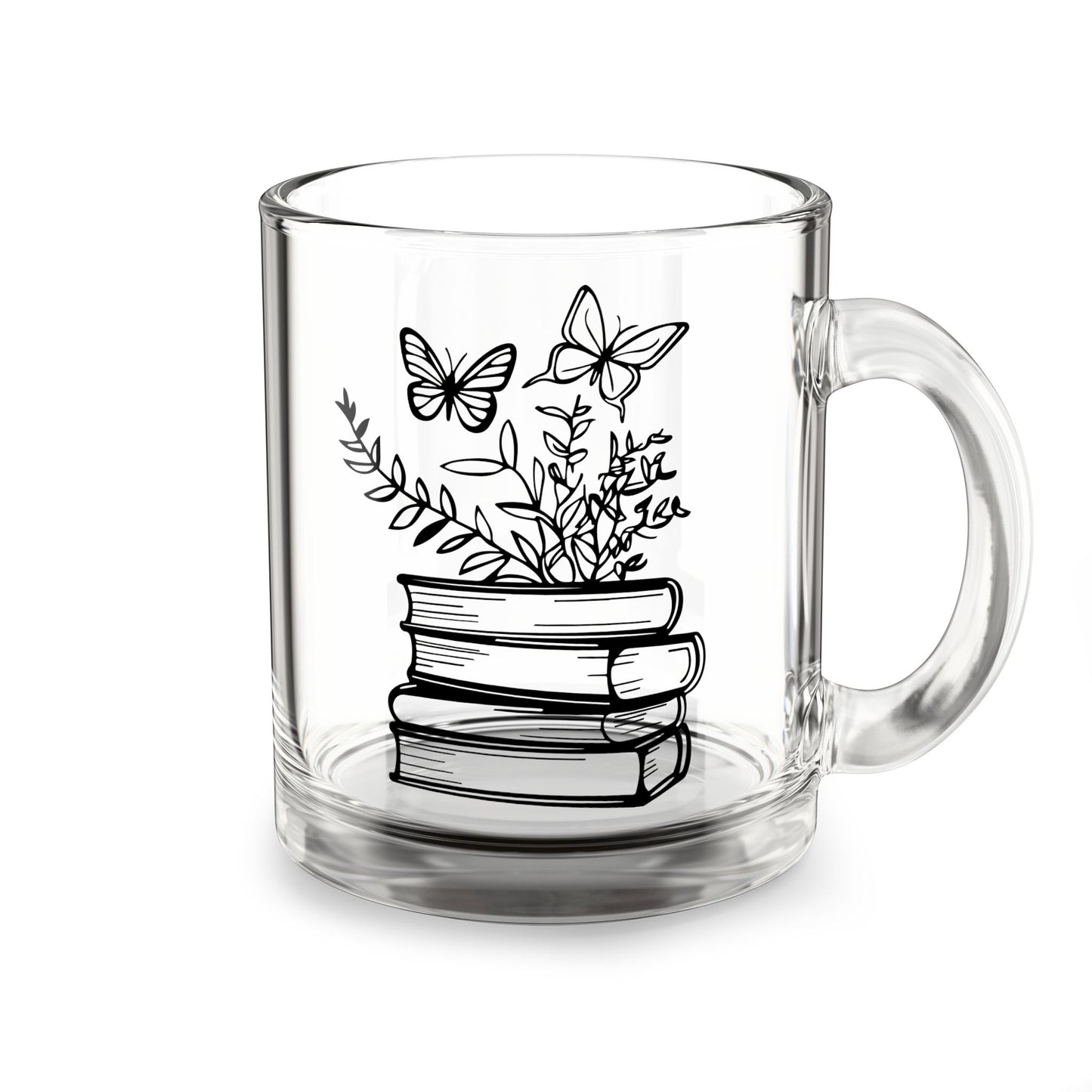 10oz Glass Mug — Stacked Books & Butterflies Floral Tea Coffee Cup for Book Lovers