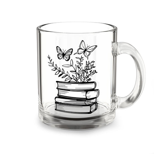 10oz Glass Mug — Stacked Books & Butterflies Floral Tea Coffee Cup for Book Lovers