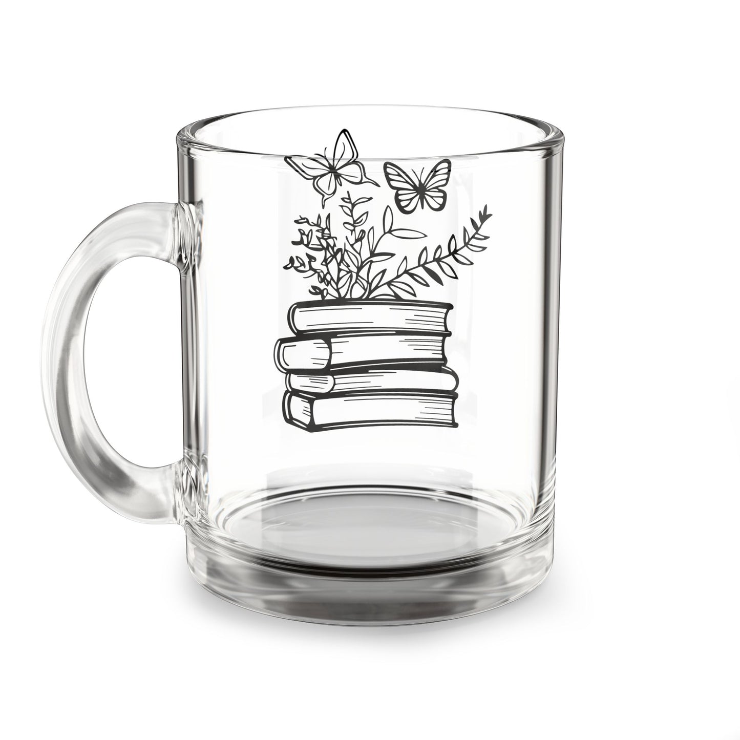 10oz Glass Mug — Stacked Books & Butterflies Floral Tea Coffee Cup for Book Lovers